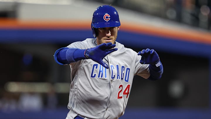 Aug 8, 2023; New York City, New York, USA; Chicago Cubs center fielder Cody Bellinger (24) celebrates his solo home run during the fourth inning against the New York Mets at Citi Field. Mandatory Credit: Vincent Carchietta-Imagn Images