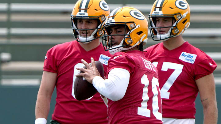 Jordan Love, flanked by Sean Clifford (left) and Michael Pratt, will be the quarterbacks at Green Bay Packers training camp.