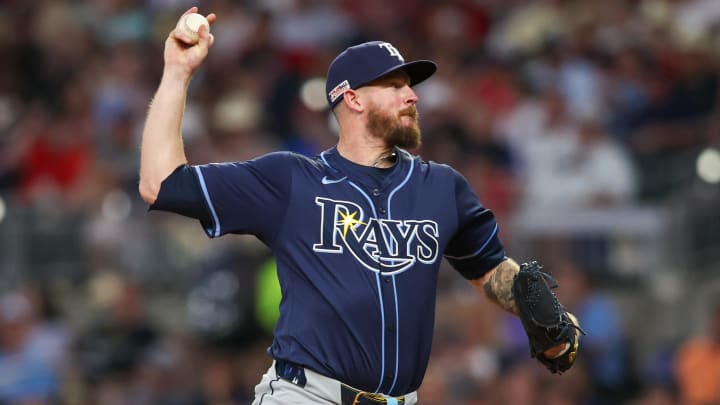 Jun 14, 2024; Atlanta, Georgia, USA; Tampa Bay Rays relief pitcher Chris Devenski (48) throws against the Atlanta Braves in the sixth inning at Truist Park. 
