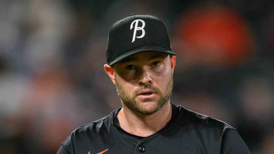 Apr 26, 2024; Baltimore, Maryland, USA; Baltimore Orioles pitcher Danny Coulombe (54) looks on during the seventh inning against the Oakland Athletics at Oriole Park at Camden Yards. Mandatory Credit: Reggie Hildred-Imagn Images
