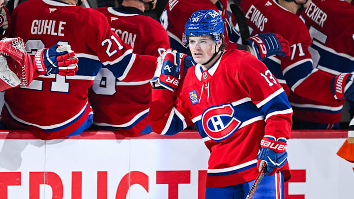 Mar 15, 2026; Montreal, Quebec, CAN; Montreal Canadiens right wing Cole Caufield (13) celebrates with his teammates at the bench his goal against the Anaheim Ducks during the second period at Bell Centre. Mandatory Credit: David Kirouac-Imagn Images