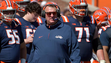 Sep 14, 2024; Champaign, Illinois, USA; Illinois Fighting Illini head coach Bret Bielema on the sidelines during the second half against the Central Michigan Chippewas at Memorial Stadium. Mandatory Credit: Ron Johnson-Imagn Images