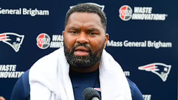 Jul 24, 2024; Foxborough, MA, USA;  New England Patriots head coach Jerod Mayo holds a press conference before training camp at Gillette Stadium. Mandatory Credit: Eric Canha-USA TODAY Sports