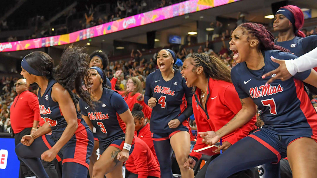 Ole Miss Rebels guard Denim Deshields (22) celebrates with teammates after making a shot as the clock expires Saturday, March 7, 2026, during the SEC Women's Basketball Tournament semifinals game against the Texas Longhorns at Bon Secours Wellness Arena in Greenville, South Carolina. Texas Longhorns won 85-68.