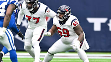 Sep 17, 2023; Houston, Texas, USA; Houston Texans guard Shaq Mason (69) in action during the first quarter against the Indianapolis Colts at NRG Stadium. Mandatory Credit: Maria Lysaker-Imagn Images