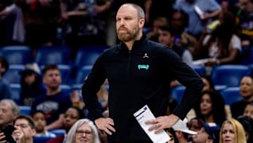 Mar 9, 2025; New Orleans, Louisiana, USA;  New Orleans Pelicans head coach Taylor Jenkins looks on against the New Orleans Pelicans during the first half at Smoothie King Center. Mandatory Credit: Stephen Lew-Imagn Images