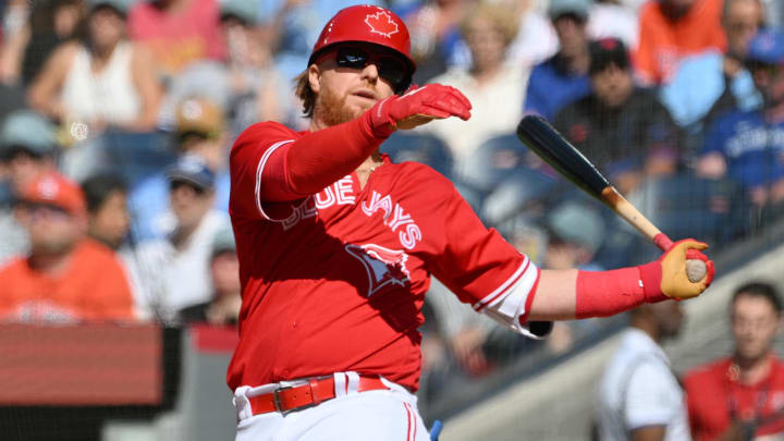 Jul 1, 2024; Toronto, Ontario, CAN;   Toronto Blue Jays designate hitter Justin Turner (2) strikes out swinging against the Houston Astros in the sixth inning at Rogers Centre. Mandatory Credit: Dan Hamilton-USA TODAY Sports