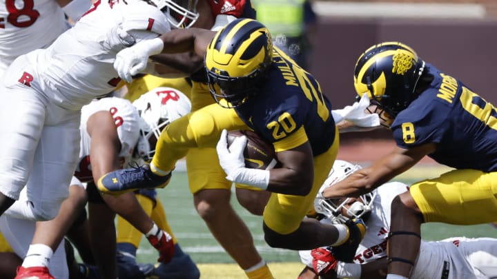 Sep 23, 2023; Ann Arbor, Michigan, USA;  Michigan Wolverines running back Kalel Mullings (20) runs against the Rutgers Scarlet Knights in the second half at Michigan Stadium. Mandatory Credit: Rick Osentoski-USA TODAY Sports