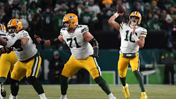 Jan 12, 2025; Philadelphia, Pennsylvania, USA; Green Bay Packers quarterback Jordan Love (10) throws a pass against the Philadelphia Eagles during the first half in an NFC wild card game at Lincoln Financial Field. Mandatory Credit: Eric Hartline-Imagn Images