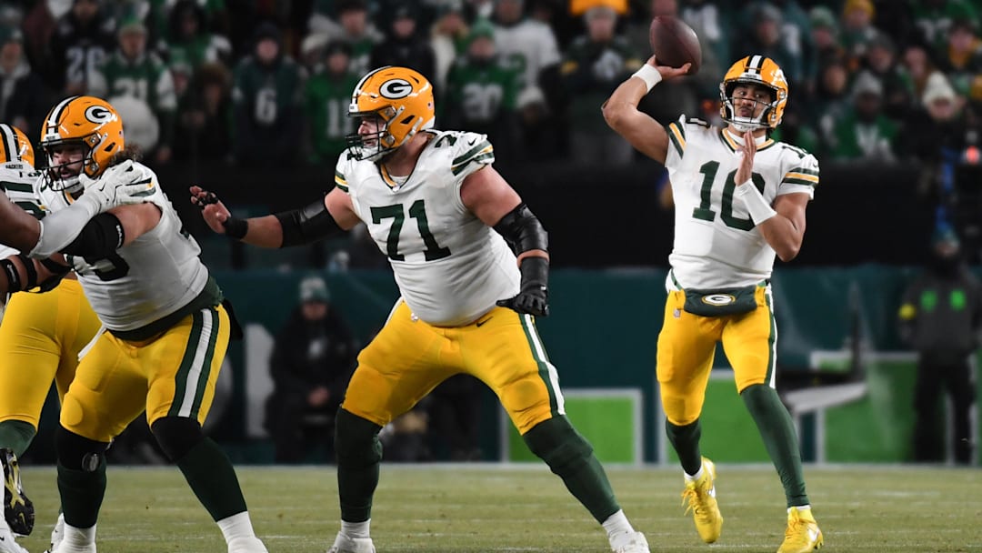 Jan 12, 2025; Philadelphia, Pennsylvania, USA; Green Bay Packers quarterback Jordan Love (10) throws a pass against the Philadelphia Eagles during the first half in an NFC wild card game at Lincoln Financial Field. Mandatory Credit: Eric Hartline-Imagn Images