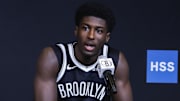Sep 23, 2025; Brooklyn, NY, USA;  Brooklyn Nets guard Drake Powell (4) speaks at Media Day. Mandatory Credit: Wendell Cruz-Imagn Images