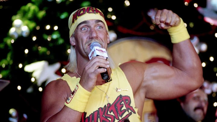 Hulk Hogan talks up the Hulkamania during a press conference promoting Starcade. 