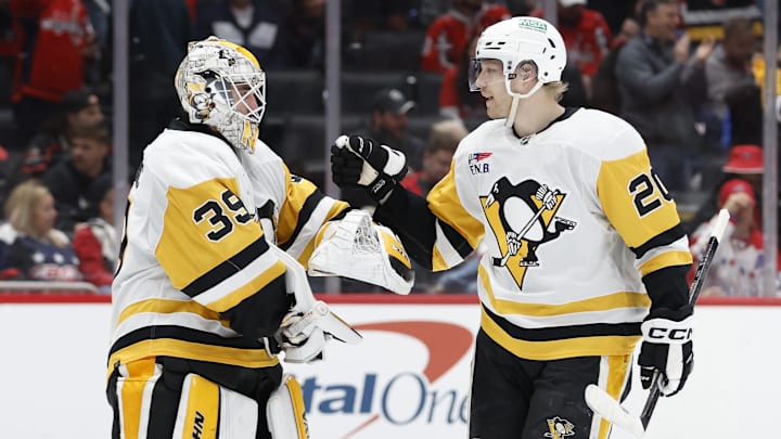 Apr 4, 2024; Washington, District of Columbia, USA; Pittsburgh Penguins center Lars Eller (20) celebrates with Penguins goaltender Alex Nedeljkovic (39) after scoring an empty net goal against the Washington Capitals in the third period at Capital One Arena. Mandatory Credit: Geoff Burke-Imagn Images