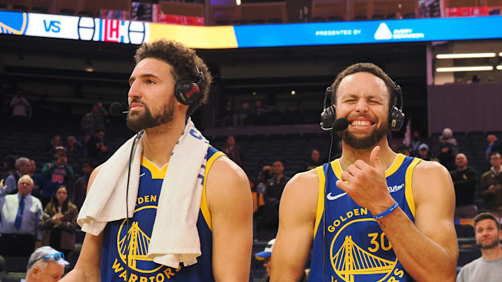 Nov 30, 2023; San Francisco, California, USA; Golden State Warriors guard Klay Thompson (11), guard Stephen Curry (30) and forward Draymond Green (23) after the game against the Los Angeles Clippers at Chase Center. Mandatory Credit: Kelley L Cox-Imagn Images