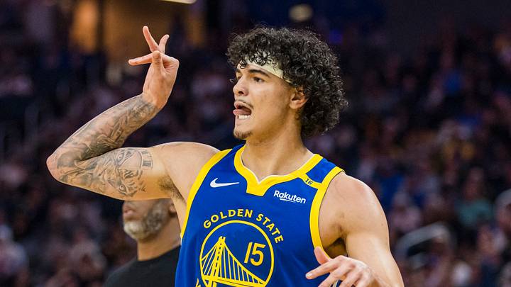 Mar 10, 2025; San Francisco, California, USA; Golden State Warriors forward Gui Santos (15) reacts after taking a three-point shot against the Portland Trail Blazers during the second quarter at Chase Center. Mandatory Credit: John Hefti-Imagn Images