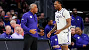 Kansas State Wildcats coachJerome Tang speaks with Kansas State Wildcats guard C.J. Jones during the 2025 NCAA Tournament .