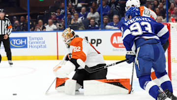 Nov 7, 2024; Tampa, Florida, USA; Philadelphia Flyers goaltender Ivan Fedotov (82) makes a save against the Tampa Bay Lightning during the first period at Amalie Arena.