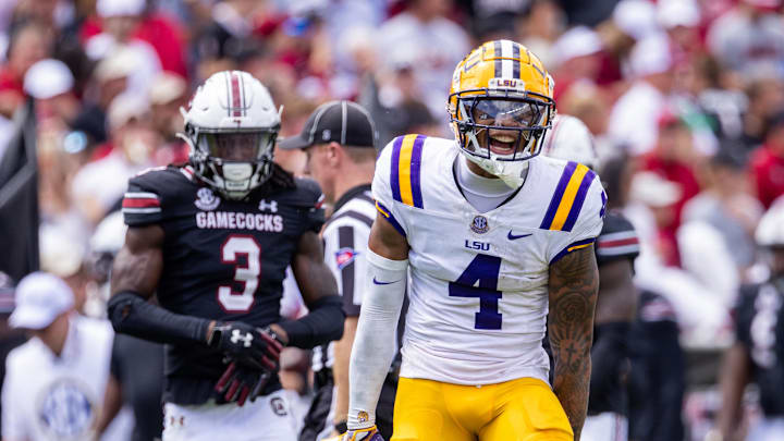 Sep 14, 2024; Columbia, South Carolina, USA; LSU Tigers wide receiver CJ Daniels (4) celebrates after a first down against the South Carolina Gamecocks during the second quarter at Williams-Brice Stadium. Mandatory Credit: Scott Kinser-Imagn Images