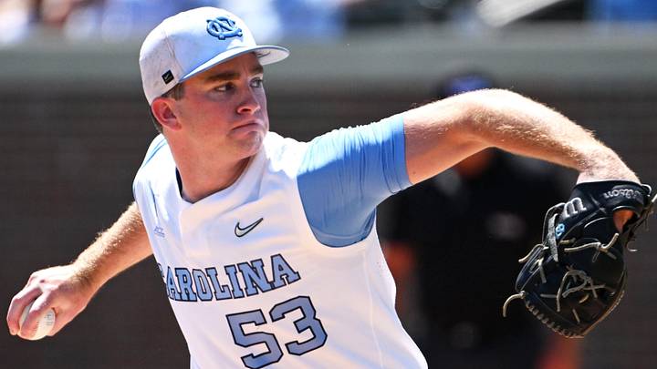 Jun 5, 2026; Chapel Hill, NC, USA;  North Carolina Tar Heels pitcher Ryan Lynch (53) pitches the ball to the USC Trojans in the first inning at Boshamer Stadium. Mandatory Credit: Zachary Taft-Imagn Images