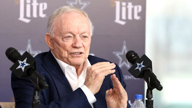 Dallas Cowboys owner Jerry Jones speaks to the media at a press conference at the Star.  Mandatory Credit: Tim Heitman-Imagn 