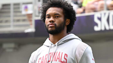 Aug 26, 2023; Minneapolis, Minnesota, USA; Arizona Cardinals quarterback Kyler Murray (1) walks onto