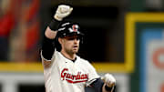 Oct 17, 2024; Cleveland, Ohio, USA; Cleveland Guardians outfielder Lane Thomas (8) celebrates a double during the ninth inning against the New York Yankees in game 3 of the American League Championship Series at Progressive Field. Mandatory Credit: Ken Blaze-Imagn Images