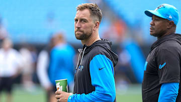 Sep 29, 2024; Charlotte, North Carolina, USA; Carolina Panthers wide receiver Adam Thielen (19) during pregame warm ups against the Cincinnati Bengals at Bank of America Stadium. Mandatory Credit: Jim Dedmon-Imagn Images