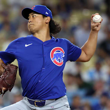 Sep 10, 2024; Los Angeles, California, USA;  Chicago Cubs starting pitcher Shota Imanaga pitches during the first inning against the Los Angeles Dodgers.