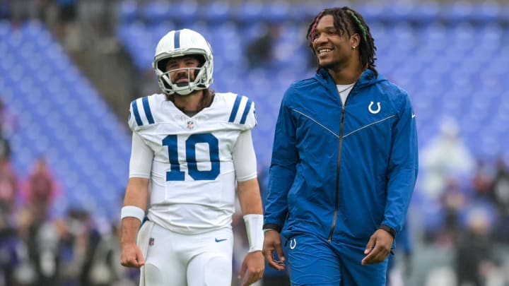 Sep 24, 2023; Baltimore, Maryland, USA; Indianapolis Colts quarterback Anthony Richardson (5) walks with quarterback Gardner Minshew (10) on the field before the game against the Baltimore Ravens at M&T Bank Stadium. 