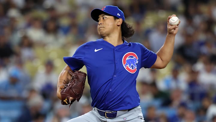 Sep 10, 2024; Los Angeles, California, USA;  Chicago Cubs starting pitcher Shota Imanaga pitches during the first inning against the Los Angeles Dodgers.