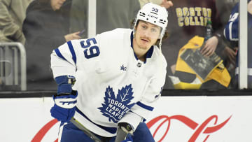 May 4, 2024; Boston, Massachusetts, USA; Toronto Maple Leafs left wing Tyler Bertuzzi (59) during warmups prior to game seven of the first round of the 2024 Stanley Cup Playoffs against the Boston Bruins at TD Garden. Mandatory Credit: Bob DeChiara-USA TODAY Sports