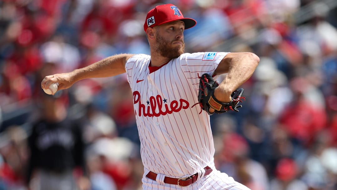 Mar 4, 2025; Clearwater, Florida, USA; Philadelphia Phillies pitcher Zack Wheeler (45) throws a pitch against the New York Yankees in the first inning during spring training at BayCare Ballpark.