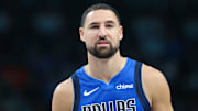 Nov 5, 2025; Dallas, Texas, USA;  Dallas Mavericks guard Klay Thompson (31) reacts against the New Orleans Pelicans during the first quarter at American Airlines Center. Mandatory Credit: Kevin Jairaj-Imagn Images
