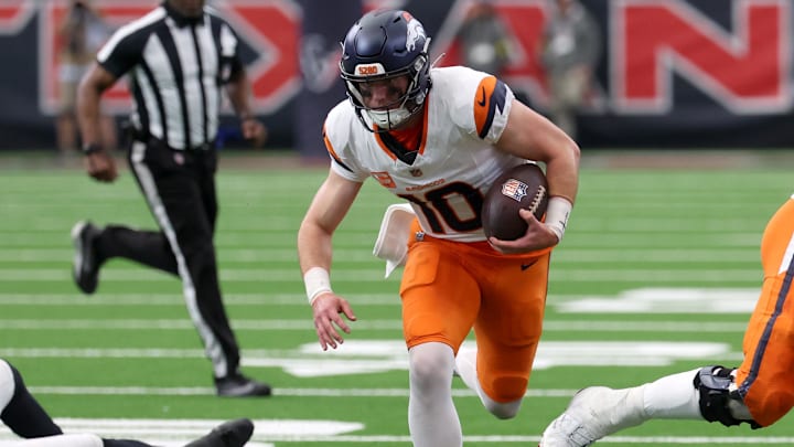 Nov 2, 2025; Houston, Texas, USA; Denver Broncos quarterback Bo Nix (10) scrambles during the second half against the Houston Texans at NRG Stadium. Nov 2, 2025; Houston, Texas, USA; Denver Broncos quarterback Bo Nix (10) scrambles during the second half against the Houston Texans at NRG Stadium.