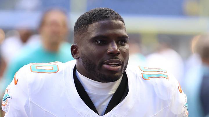 Sep 7, 2025; Indianapolis, Indiana, USA; Miami Dolphins wide receiver Tyreek Hill (10) leaves the field after losing to the Indianapolis Colts at Lucas Oil Stadium. Mandatory Credit: Trevor Ruszkowski-Imagn Images