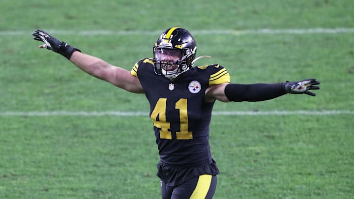 Dec 2, 2020; Pittsburgh, Pennsylvania, USA; Pittsburgh Steelers inside linebacker Robert Spillane (41) reacts to a defensive stand to end the first half against the Baltimore Ravens at Heinz Field. The Steelers won 19-14. Mandatory Credit: Charles LeClaire-Imagn Images Dec 2, 2020; Pittsburgh, Pennsylvania, USA; Pittsburgh Steelers inside linebacker Robert Spillane (41) reacts to a defensive stand to end the first half against the Baltimore Ravens at Heinz Field. The Steelers won 19-14. Mandatory Credit: Charles LeClaire-Imagn Images
