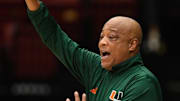 Jan 22, 2025; Stanford, California, USA; Miami (FL) Hurricanes interim head coach Bill Courtney reacts against the Stanford Cardinal in the second half at Maples Pavilion. Mandatory Credit: Eakin Howard-Imagn Images