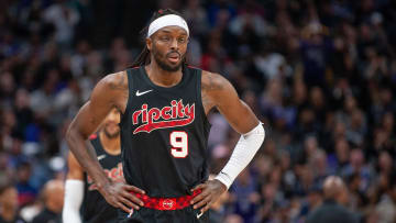 Nov 8, 2023; Sacramento, California, USA; Portland Trail Blazers forward Jerami Grant (9) looks on during a timeout in the second quarter at Golden 1 Center. Mandatory Credit: Ed Szczepanski-USA TODAY Sports