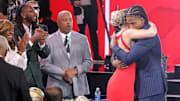  Collin Murray-Boyles embraces girlfriend Chloe Kitts after being selected as the ninth pick by the Toronto Raptors in the first round of the 2025 NBA Draft at Barclays Center. 