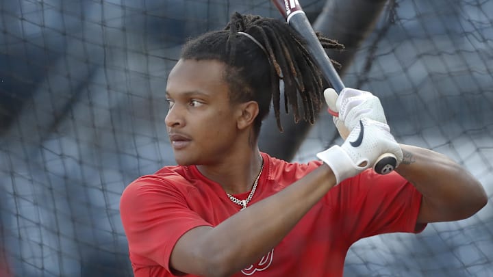 Sep 5, 2024; Pittsburgh, Pennsylvania, USA;  Washington Nationals infielder CJ Abrams (5) in the batting cage before a game against the Pittsburgh Pirates at PNC Park