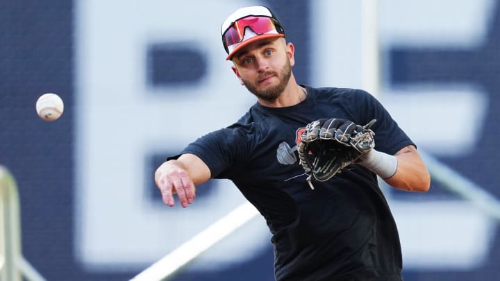 Jun 3, 2024; Toronto, Ontario, CAN; Baltimore Orioles second baseman Connor Norby (12) throws a ball to first base during batting practice before a game against the Toronto Blue Jays at Rogers Centre