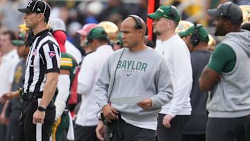 Nov 29, 2025; Waco, Texas, USA;  Baylor Bears head coach Dave Aranda reacts on the sidelines during the second half against the Houston Cougars at McLane Stadium. Mandatory Credit: Chris Jones-Imagn Images