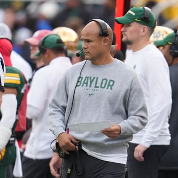 Nov 29, 2025; Waco, Texas, USA;  Baylor Bears head coach Dave Aranda reacts on the sidelines during the second half against the Houston Cougars at McLane Stadium. Mandatory Credit: Chris Jones-Imagn Images