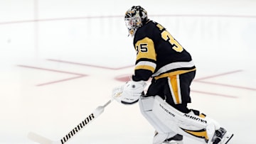 Oct 9, 2024; Pittsburgh, Pennsylvania, USA;  Pittsburgh Penguins goaltender Tristan Jarry (35) takes the ice to warm up against the New York Rangers at PPG Paints Arena. Mandatory Credit: Charles LeClaire-Imagn Images