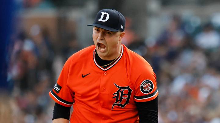 Jul 24, 2026; Detroit, Michigan, USA;  Detroit Tigers pitcher Tarik Skubal (29) celebrates after the third inning against the Kansas City Royals at Comerica Park. Mandatory Credit: Rick Osentoski-Imagn Images