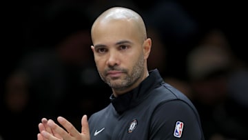 Nov 11, 2025; Brooklyn, New York, USA; Brooklyn Nets head coach Jordi Fernandez coaches against the Toronto Raptors during the second quarter at Barclays Center. Mandatory Credit: Brad Penner-Imagn Images