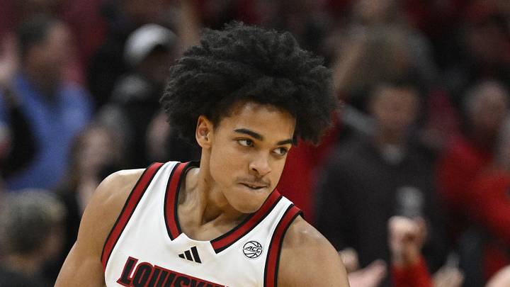 Louisville Cardinals guard Mikel Brown Jr. (0) reacts after making a three pointer against the Kentucky Wildcats during the first half at KFC Yum! Center on November 11, 2025.