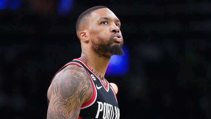 Mar 8, 2023; Boston, Massachusetts, USA; Portland Trail Blazers guard Damian Lillard (0) reacts during a break in the action against the Boston Celtics in the second quarter at TD Garden. Mandatory Credit: David Butler II-Imagn Images