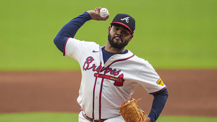 Sep 5, 2024; Cumberland, Georgia, USA; Atlanta Braves starting pitcher Reynaldo Lopez (40) pitches against the Colorado Rockies during the first inning at Truist Park. Mandatory Credit: Dale Zanine-Imagn Images