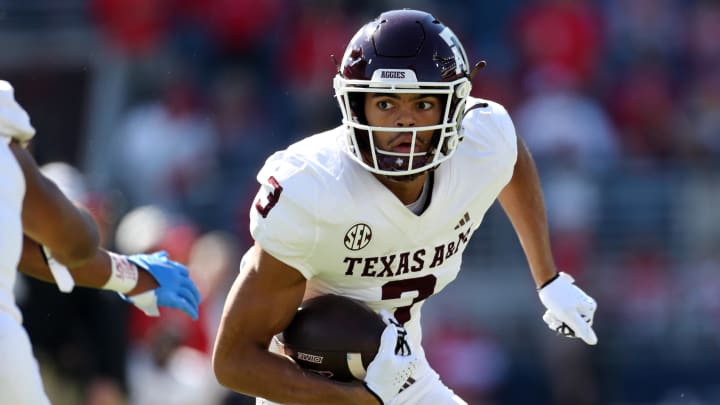 Nov 4, 2023; Oxford, Mississippi, USA; Texas A&M Aggies wide receiver Noah Thomas (3) runs after a catch during the first half against the Mississippi Rebels at Vaught-Hemingway Stadium. Mandatory Credit: Petre Thomas-USA TODAY Sports